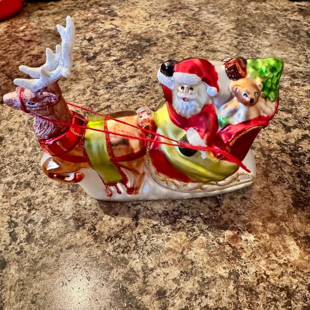 Santa Sleigh and Reindeer Glass Ornament